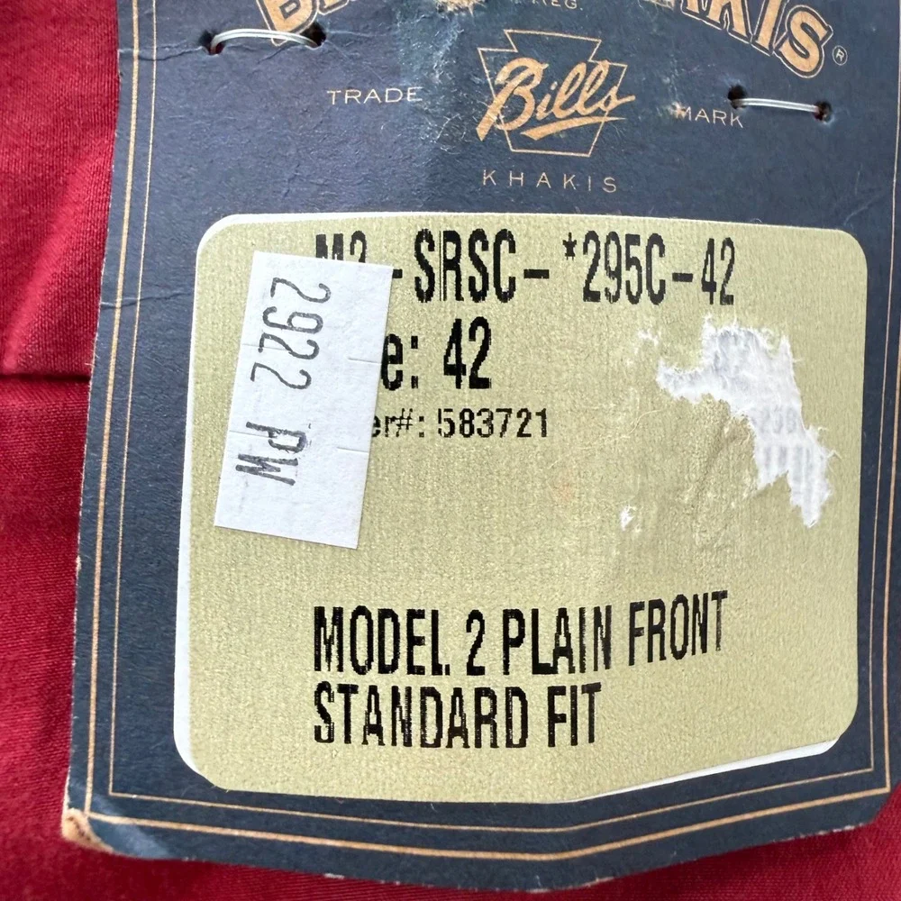 Bills Khakis Mens M2 Standard Fit Red Cotton Stretch Pants Model 2 Size 42 NEW